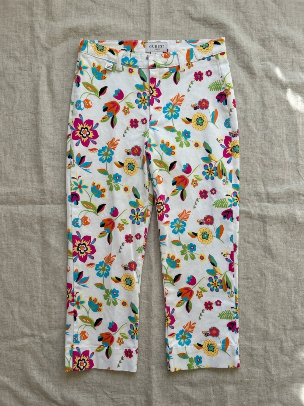 Guess Vintage Y2K Bright Floral Cotton Spandex Cropped Capri Pants Small Med